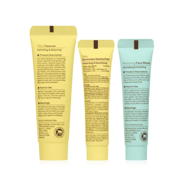 Sun Bum Skin Care Essentials Travel Kit  Cleanse Protect and Restore with Daily Facial Cleanser SPF 30 Sunscreen Face Moisturizer and Restoring Face Mask  TSA Approved