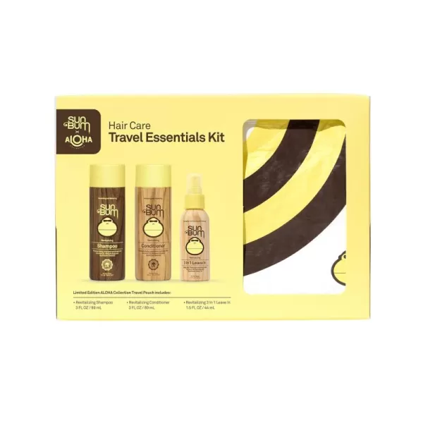 Sun Bum Hair Care Travel Essentials Kit  Revitalize Your Hair With Revitalizing Shampoo Conditioner and 3in1 Leave In Treatment  Includes Aloha Collection Travel Pouch