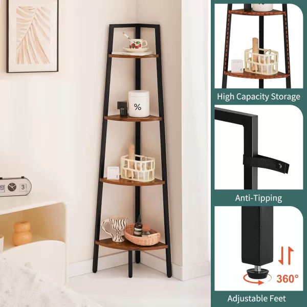 Yoobure 4Tier Corner Bookshelf with Metal Frame  Ladder Display Shelf for Bedroom and Living Room Tall Wood Corner Bookcase and Plant StandBerry Brown
