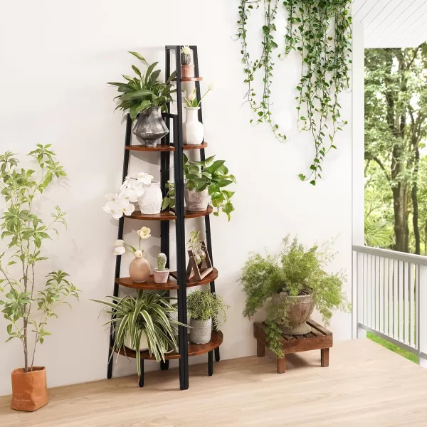Yoobure 4Tier Corner Bookshelf with Metal Frame  Ladder Display Shelf for Bedroom and Living Room Tall Wood Corner Bookcase and Plant StandBerry Brown