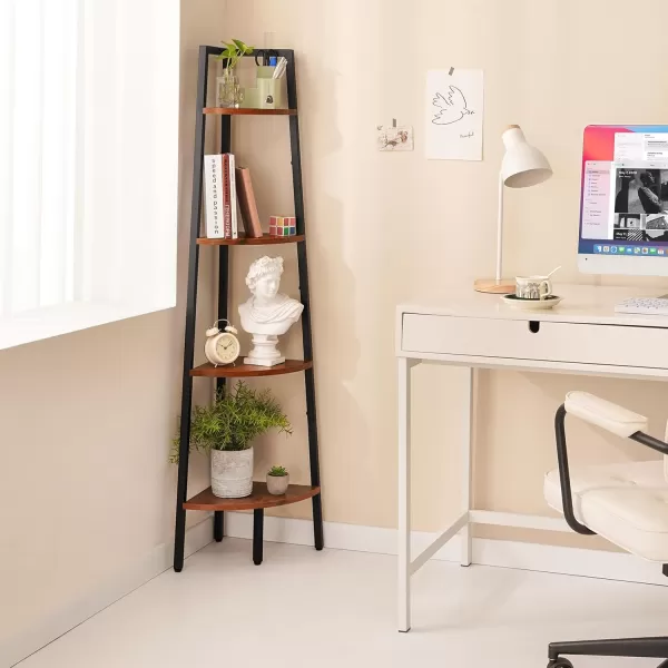 Yoobure 4Tier Corner Bookshelf with Metal Frame  Ladder Display Shelf for Bedroom and Living Room Tall Wood Corner Bookcase and Plant StandBerry Brown