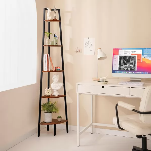 Yoobure 4Tier Corner Bookshelf with Metal Frame  Ladder Display Shelf for Bedroom and Living Room Tall Wood Corner Bookcase and Plant StandBerry Brown