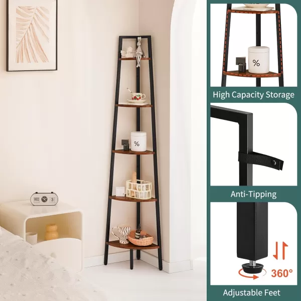 Yoobure 4Tier Corner Bookshelf with Metal Frame  Ladder Display Shelf for Bedroom and Living Room Tall Wood Corner Bookcase and Plant StandBerry Brown