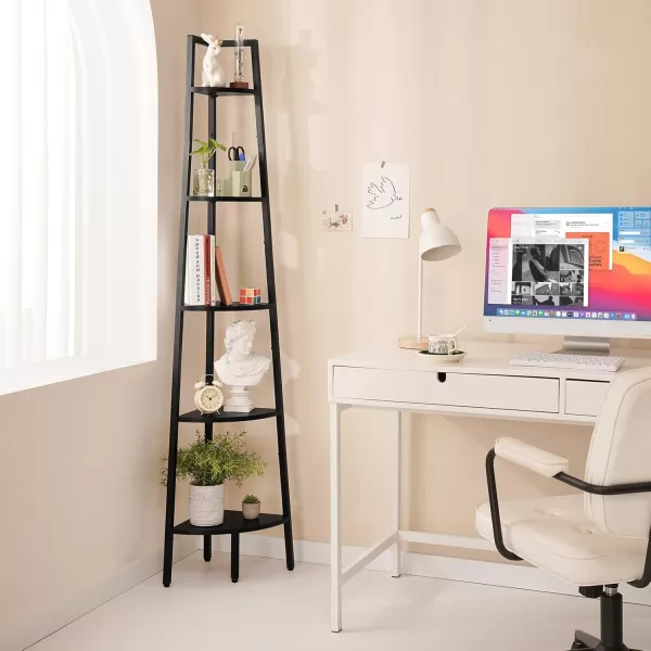 Yoobure 4Tier Corner Bookshelf with Metal Frame  Ladder Display Shelf for Bedroom and Living Room Tall Wood Corner Bookcase and Plant StandBlack