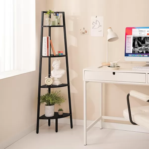Yoobure 4Tier Corner Bookshelf with Metal Frame  Ladder Display Shelf for Bedroom and Living Room Tall Wood Corner Bookcase and Plant StandBlack