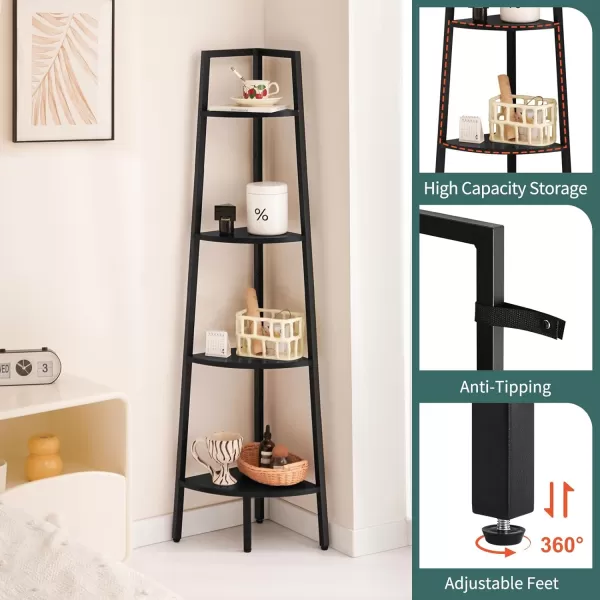 Yoobure 4Tier Corner Bookshelf with Metal Frame  Ladder Display Shelf for Bedroom and Living Room Tall Wood Corner Bookcase and Plant StandBlack