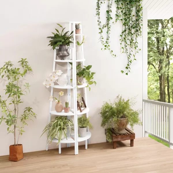 Yoobure 4Tier Corner Bookshelf with Metal Frame  Ladder Display Shelf for Bedroom and Living Room Tall Wood Corner Bookcase and Plant StandWhite