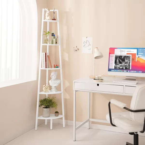 Yoobure 4Tier Corner Bookshelf with Metal Frame  Ladder Display Shelf for Bedroom and Living Room Tall Wood Corner Bookcase and Plant StandWhite