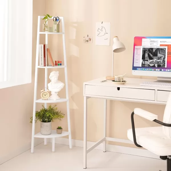 Yoobure 4Tier Corner Bookshelf with Metal Frame  Ladder Display Shelf for Bedroom and Living Room Tall Wood Corner Bookcase and Plant StandWhite