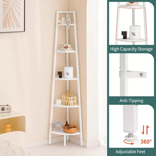 Yoobure 4Tier Corner Bookshelf with Metal Frame  Ladder Display Shelf for Bedroom and Living Room Tall Wood Corner Bookcase and Plant StandWhite