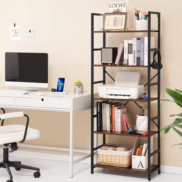 Yoobure 5 Tier Bookshelf  Tall Book Shelf Modern Bookcase for CDsMoviesBooks Rustic Book Case Industrial Bookshelves Book Storage Organizer for Bedroom Home Office Living Room BrownRustic Brown