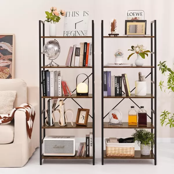 Yoobure 5 Tier Bookshelf  Tall Book Shelf Modern Bookcase for CDsMoviesBooks Rustic Book Case Industrial Bookshelves Book Storage Organizer for Bedroom Home Office Living Room BrownRustic Brown
