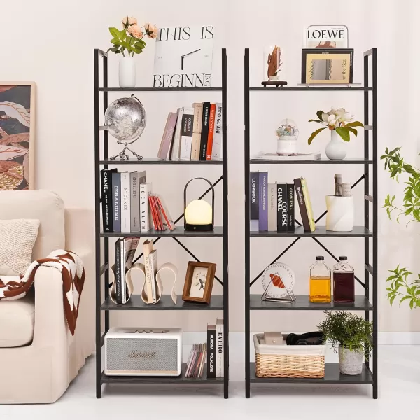 Yoobure 5 Tier Bookshelf  Tall Book Shelf Modern Bookcase for CDsMoviesBooks Rustic Book Case Industrial Bookshelves Book Storage Organizer for Bedroom Home Office Living Room BrownCharcoal Gray