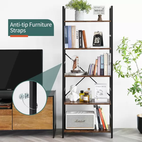Yoobure 5 Tier Bookshelf  Tall Book Shelf Modern Bookcase for CDsMoviesBooks Rustic Book Case Industrial Bookshelves Book Storage Organizer for Bedroom Home Office Living Room BrownRustic Brown