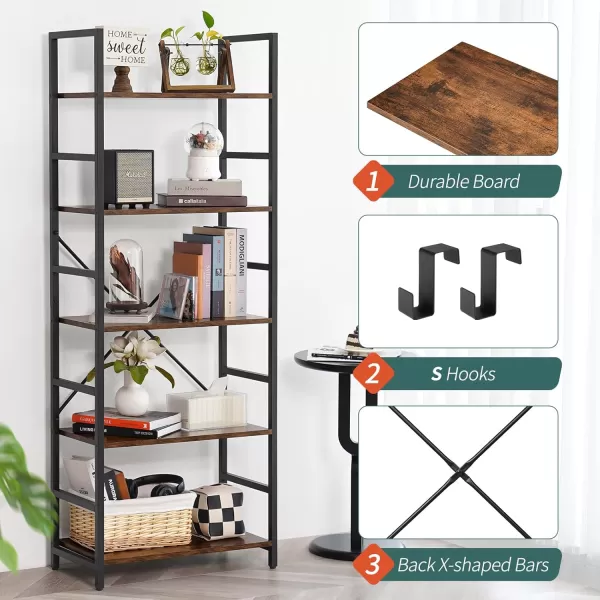 Yoobure 5 Tier Bookshelf  Tall Book Shelf Modern Bookcase for CDsMoviesBooks Rustic Book Case Industrial Bookshelves Book Storage Organizer for Bedroom Home Office Living Room BrownRustic Brown