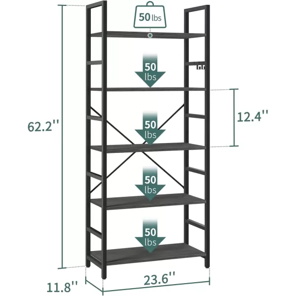 Yoobure 5 Tier Bookshelf  Tall Book Shelf Modern Bookcase for CDsMoviesBooks Rustic Book Case Industrial Bookshelves Book Storage Organizer for Bedroom Home Office Living Room BrownCharcoal Gray