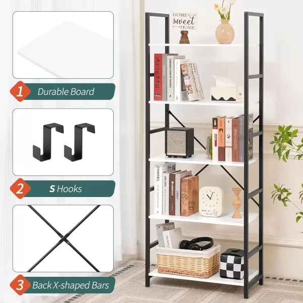 Yoobure 5 Tier Bookshelf  Tall Book Shelf Modern Bookcase for CDsMoviesBooks Rustic Book Case Industrial Bookshelves Book Storage Organizer for Bedroom Home Office Living Room BrownWhite