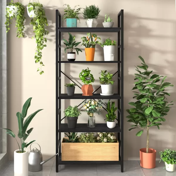 Yoobure 5 Tier Bookshelf  Tall Book Shelf Modern Bookcase for CDsMoviesBooks Rustic Book Case Industrial Bookshelves Book Storage Organizer for Bedroom Home Office Living Room BrownBlack