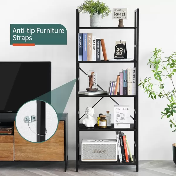 Yoobure 5 Tier Bookshelf  Tall Book Shelf Modern Bookcase for CDsMoviesBooks Rustic Book Case Industrial Bookshelves Book Storage Organizer for Bedroom Home Office Living Room BrownBlack