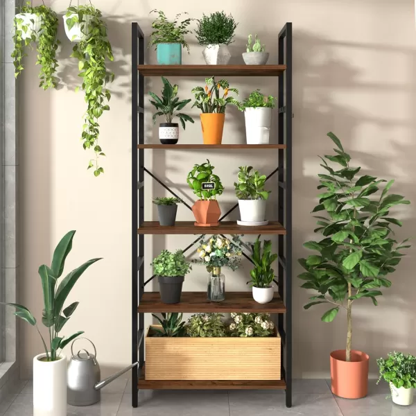 Yoobure 5 Tier Bookshelf  Tall Book Shelf Modern Bookcase for CDsMoviesBooks Rustic Book Case Industrial Bookshelves Book Storage Organizer for Bedroom Home Office Living Room BrownRustic Brown