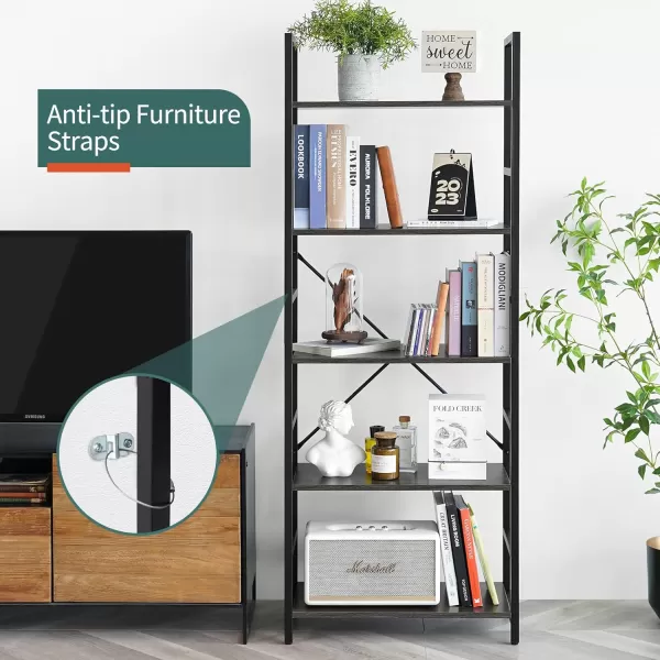 Yoobure 5 Tier Bookshelf  Tall Book Shelf Modern Bookcase for CDsMoviesBooks Rustic Book Case Industrial Bookshelves Book Storage Organizer for Bedroom Home Office Living Room BrownCharcoal Gray