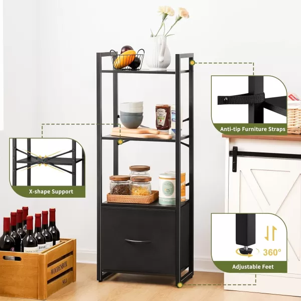 Yoobure Bookshelf 4 Tier Book Shelf with Drawer Small Bookcase Narrow Book Case Industrial Bookshelves Shelf for Bedroom Living Room Office Book Storage Organizer for CDMovie Rustic BrownBlack