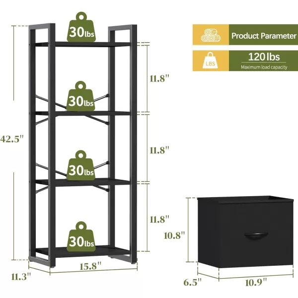 Yoobure Bookshelf 4 Tier Book Shelf with Drawer Small Bookcase Narrow Book Case Industrial Bookshelves Shelf for Bedroom Living Room Office Book Storage Organizer for CDMovie Rustic BrownBlack
