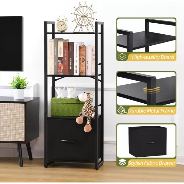 Yoobure Bookshelf 4 Tier Book Shelf with Drawer Small Bookcase Narrow Book Case Industrial Bookshelves Shelf for Bedroom Living Room Office Book Storage Organizer for CDMovie Rustic BrownBlack