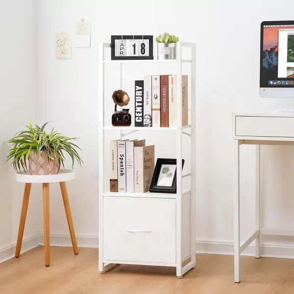 Yoobure Bookshelf 4 Tier Book Shelf with Drawer Small Bookcase Narrow Book Case Industrial Bookshelves Shelf for Bedroom Living Room Office Book Storage Organizer for CDMovie Rustic BrownWhite