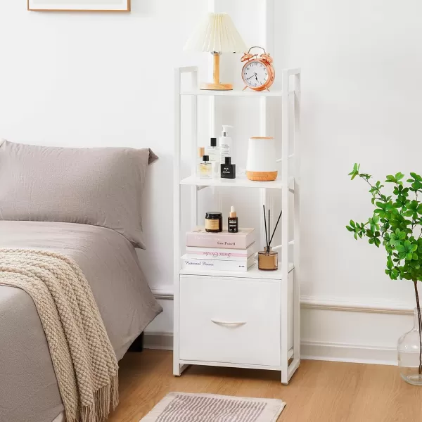 Yoobure Bookshelf 4 Tier Book Shelf with Drawer Small Bookcase Narrow Book Case Industrial Bookshelves Shelf for Bedroom Living Room Office Book Storage Organizer for CDMovie Rustic BrownWhite