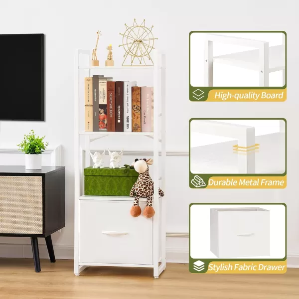 Yoobure Bookshelf 4 Tier Book Shelf with Drawer Small Bookcase Narrow Book Case Industrial Bookshelves Shelf for Bedroom Living Room Office Book Storage Organizer for CDMovie Rustic BrownWhite