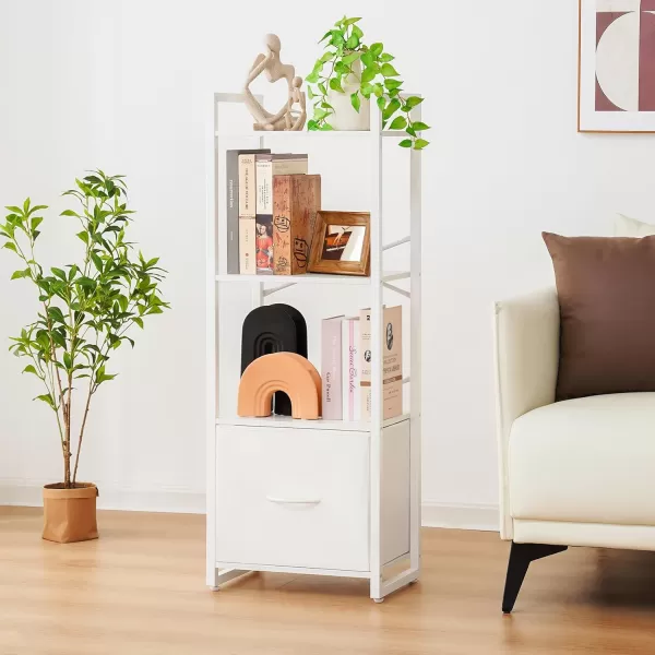 Yoobure Bookshelf 4 Tier Book Shelf with Drawer Small Bookcase Narrow Book Case Industrial Bookshelves Shelf for Bedroom Living Room Office Book Storage Organizer for CDMovie Rustic BrownWhite