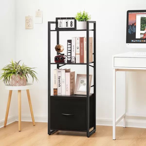 Yoobure Bookshelf 4 Tier Book Shelf with Drawer Small Bookcase Narrow Book Case Industrial Bookshelves Shelf for Bedroom Living Room Office Book Storage Organizer for CDMovie Rustic BrownBlack