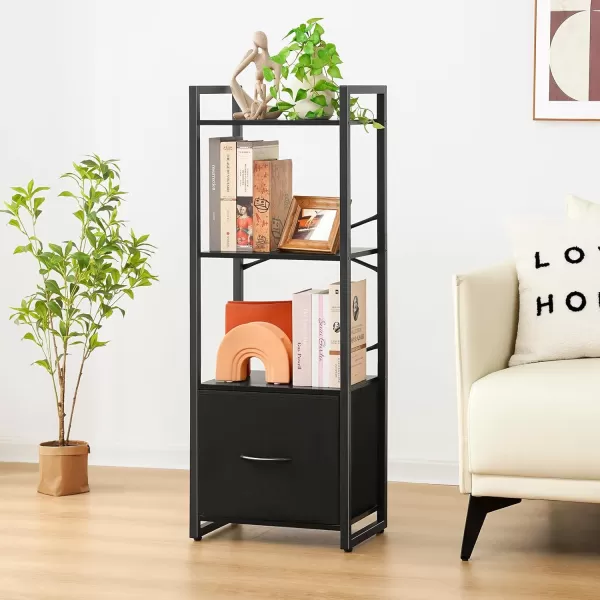 Yoobure Bookshelf 4 Tier Book Shelf with Drawer Small Bookcase Narrow Book Case Industrial Bookshelves Shelf for Bedroom Living Room Office Book Storage Organizer for CDMovie Rustic BrownBlack