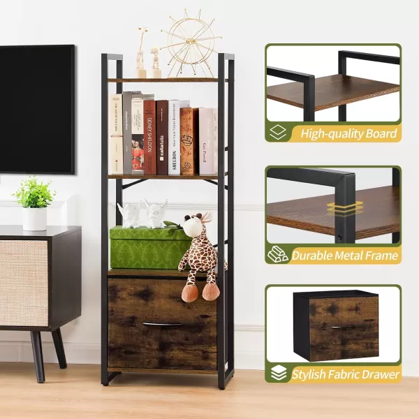 Yoobure Bookshelf 4 Tier Book Shelf with Drawer Small Bookcase Narrow Book Case Industrial Bookshelves Shelf for Bedroom Living Room Office Book Storage Organizer for CDMovie Rustic BrownRustic Brown