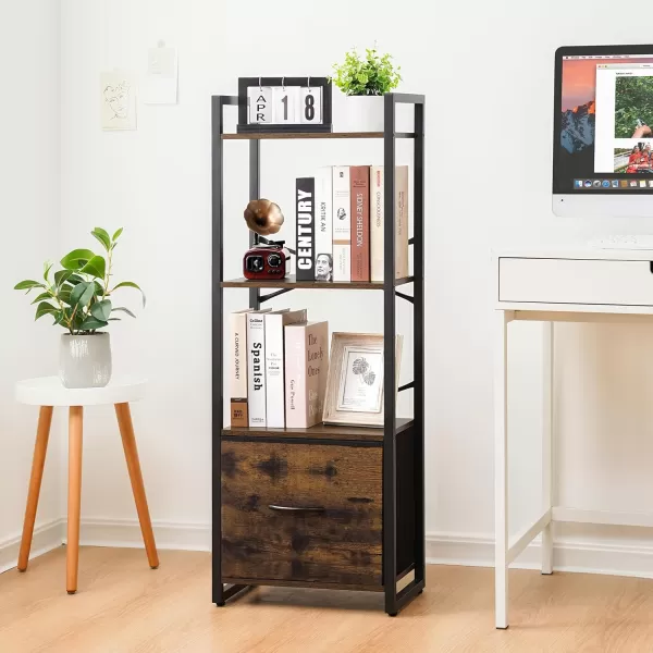 Yoobure Bookshelf 4 Tier Book Shelf with Drawer Small Bookcase Narrow Book Case Industrial Bookshelves Shelf for Bedroom Living Room Office Book Storage Organizer for CDMovie Rustic BrownRustic Brown