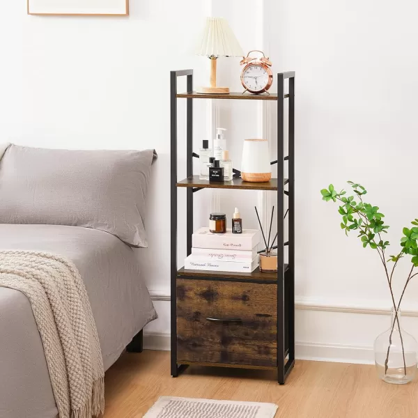 Yoobure Bookshelf 4 Tier Book Shelf with Drawer Small Bookcase Narrow Book Case Industrial Bookshelves Shelf for Bedroom Living Room Office Book Storage Organizer for CDMovie Rustic BrownRustic Brown