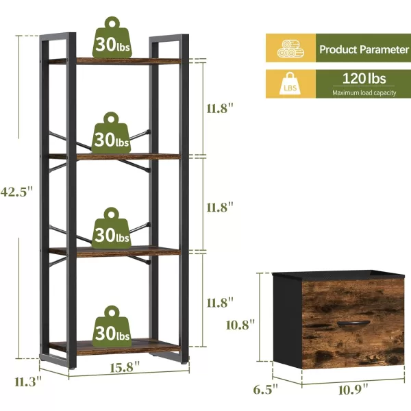 Yoobure Bookshelf 4 Tier Book Shelf with Drawer Small Bookcase Narrow Book Case Industrial Bookshelves Shelf for Bedroom Living Room Office Book Storage Organizer for CDMovie Rustic BrownRustic Brown