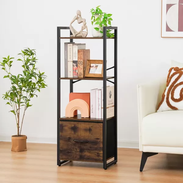 Yoobure Bookshelf 4 Tier Book Shelf with Drawer Small Bookcase Narrow Book Case Industrial Bookshelves Shelf for Bedroom Living Room Office Book Storage Organizer for CDMovie Rustic BrownRustic Brown