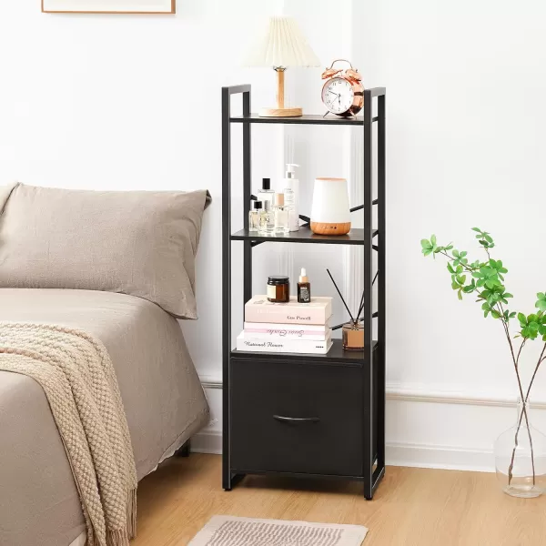Yoobure Bookshelf 4 Tier Book Shelf with Drawer Small Bookcase Narrow Book Case Industrial Bookshelves Shelf for Bedroom Living Room Office Book Storage Organizer for CDMovie Rustic BrownBlack