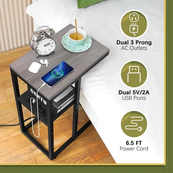 Yoobure C Shaped End Table with Charging Station for Living Room Bedroom Sofa Table with USB Ports and Outlets for Small Spaces C Couch Rustic Snack Bed TableGreige