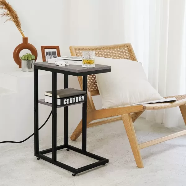 Yoobure C Shaped End Table with Charging Station for Living Room Bedroom Sofa Table with USB Ports and Outlets for Small Spaces C Couch Rustic Snack Bed TableGreige