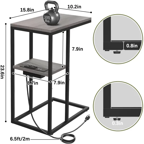 Yoobure C Shaped End Table with Charging Station for Living Room Bedroom Sofa Table with USB Ports and Outlets for Small Spaces C Couch Rustic Snack Bed TableGreige