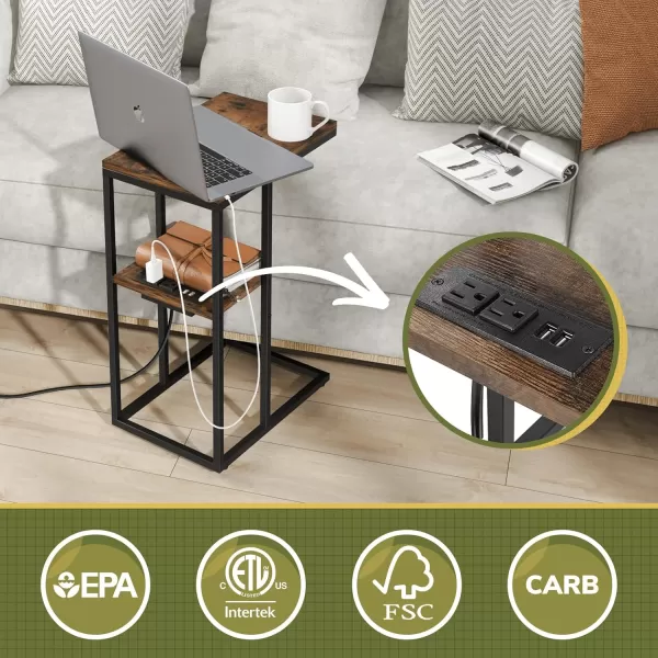 Yoobure C Shaped End Table with Charging Station for Living Room Bedroom Sofa Table with USB Ports and Outlets for Small Spaces C Couch Rustic Snack Bed TableRustic Brown