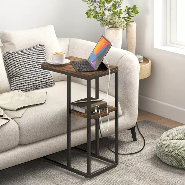 Yoobure C Shaped End Table with Charging Station for Living Room Bedroom Sofa Table with USB Ports and Outlets for Small Spaces C Couch Rustic Snack Bed TableRustic Brown