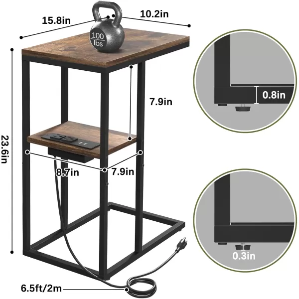 Yoobure C Shaped End Table with Charging Station for Living Room Bedroom Sofa Table with USB Ports and Outlets for Small Spaces C Couch Rustic Snack Bed TableRustic Brown