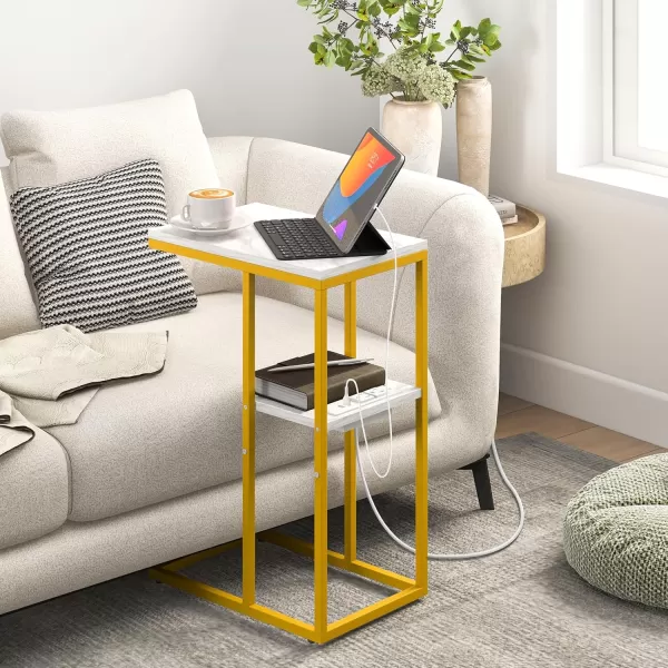 Yoobure C Shaped End Table with Charging Station for Living Room Bedroom Sofa Table with USB Ports and Outlets for Small Spaces C Couch Rustic Snack Bed TableMarble White