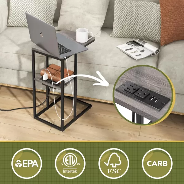 Yoobure C Shaped End Table with Charging Station for Living Room Bedroom Sofa Table with USB Ports and Outlets for Small Spaces C Couch Rustic Snack Bed TableGreige
