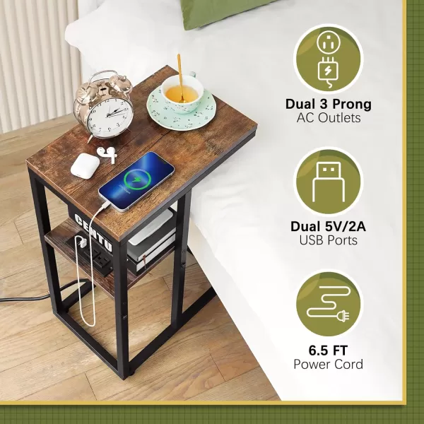 Yoobure C Shaped End Table with Charging Station for Living Room Bedroom Sofa Table with USB Ports and Outlets for Small Spaces C Couch Rustic Snack Bed TableRustic Brown