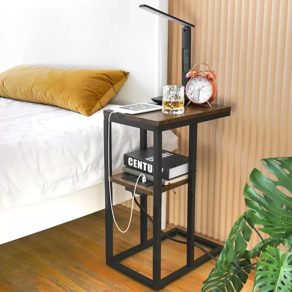 Yoobure C Shaped End Table with Charging Station for Living Room Bedroom Sofa Table with USB Ports and Outlets for Small Spaces C Couch Rustic Snack Bed TableRustic Brown